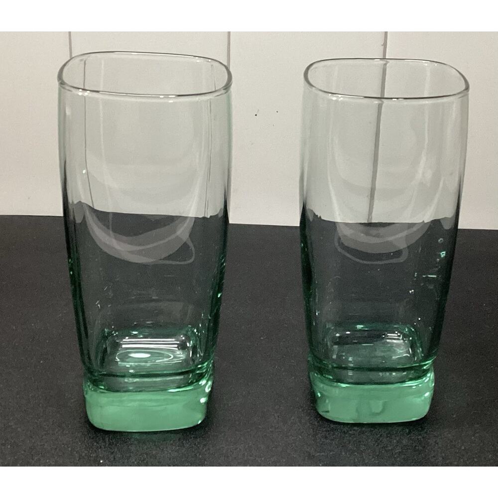 Square Bottom Green Tinted Glass Drinking Glasses 6” Set Of 2